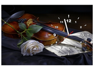 Moderný obraz s hodinami Husle s ružou