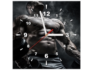 Obraz s hodinami Muž v posilňovni v kovovej farbe