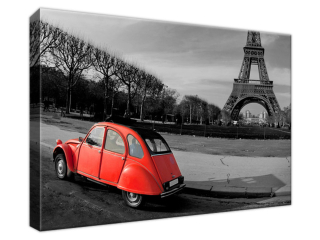 Obraz na plátne Červené auto pri Eiffelovke