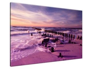 Obraz na plátne Západ slnka nad morskou plážou vo fialovej