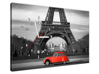 Moderný obraz s hodinami Červené auto pred Eiffelovkou