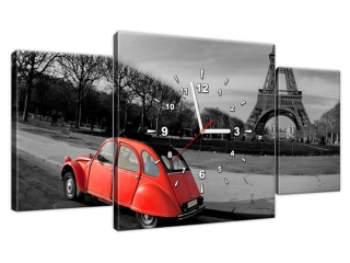 Obraz s hodinami Červené auto pri Eiffelovej veži