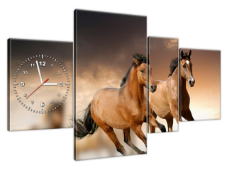 Obraz s hodinami na plátne Stádo koní