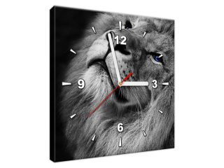 Obraz s hodinami do chodby Strieborný lev s modrými očami