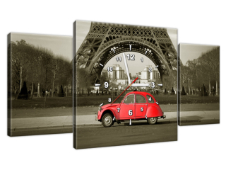 Obraz s hodinami Červené auto pred Eiffelovou vežou