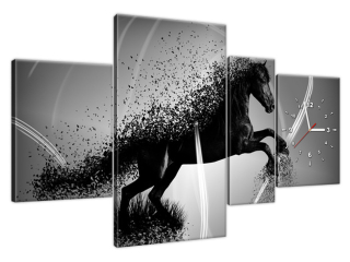 Obraz s hodinami Čierno biely kôň fragmentácia - Jakub Banas