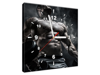 Obraz s hodinami Muž v posilňovni v kovovej farbe