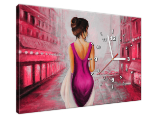 Obraz s hodinami Prechádzka v Paríži v ružovej farbe