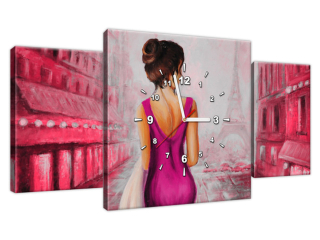 Obraz s hodinami Prechádzka v Paríži v ružovej farbe