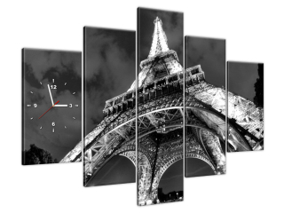 Obraz s hodinami Eiffelova veža nočný výhľad