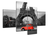 Moderný obraz s hodinami Červené auto pred Eiffelovkou