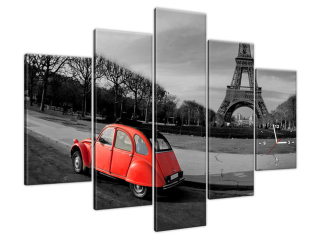 Obraz s hodinami Červené auto pri Eiffelovej veži