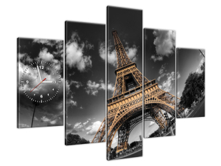 Obraz s hodinami na plátne Pohľad z dola na Eiffelovku