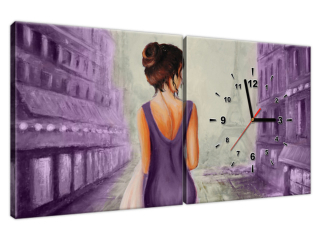 Obraz do spálne s hodinami Prechádzka v Paríži vo fialovej