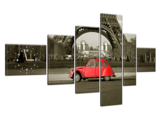 Obraz s hodinami Červené auto pred Eiffelovou vežou