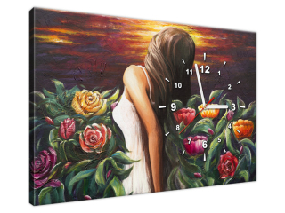 Obraz s hodinami Žena uprostred kvetov