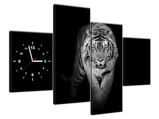 Obraz s hodinami Tiger v tme modré oči